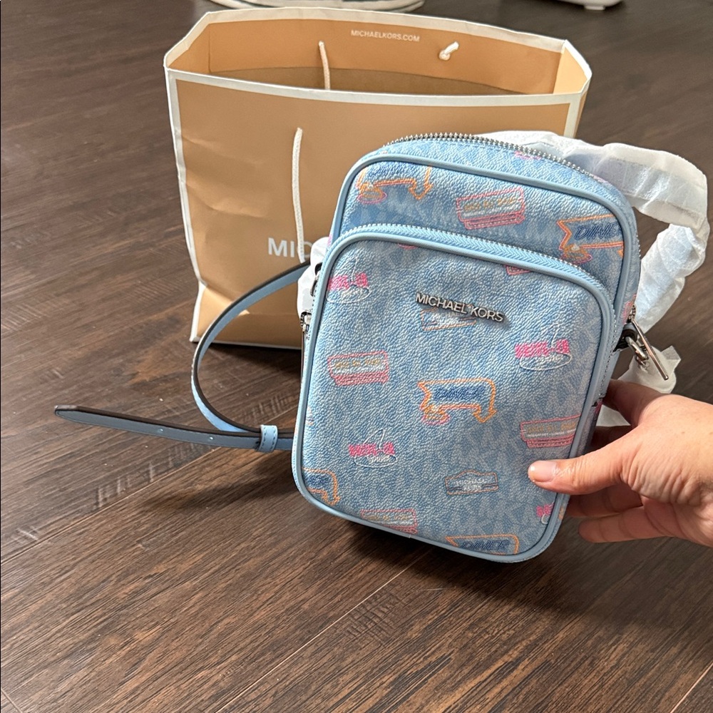 Michael Kors Light Blue Crossbody with Pink and Orange Accents